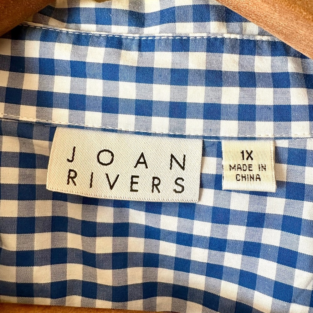 Joan Rivers Cotton Poplin Gingham Button Up Tunic Top Size 1X Blue White Pockets - Picture 4 of 12